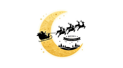Obraz premium Santa claus flying in his reindeer sleigh across a large glowing yellow crescent moon in a night winter sky