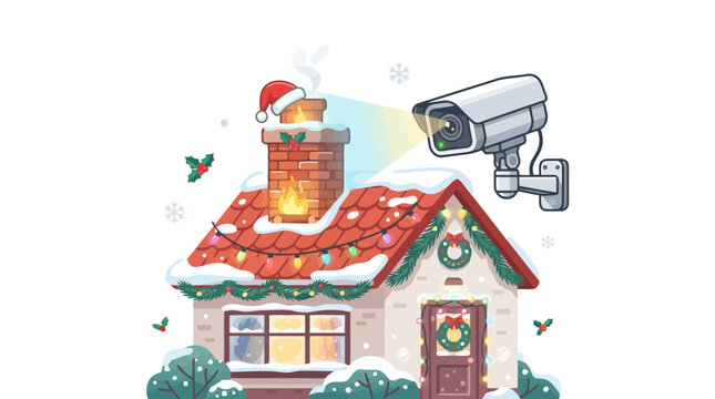 Cozy house with smoking chimney and security camera mounted on roof for home safety during Christmas holidays
