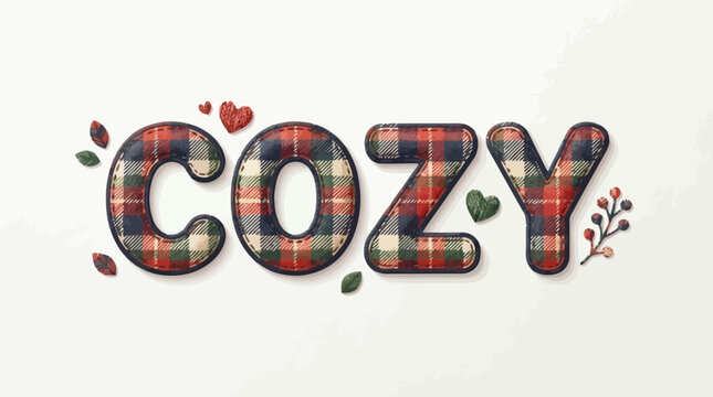 Cozy word typography with plaid pattern texture and decorative leaves for winter theme design project asset