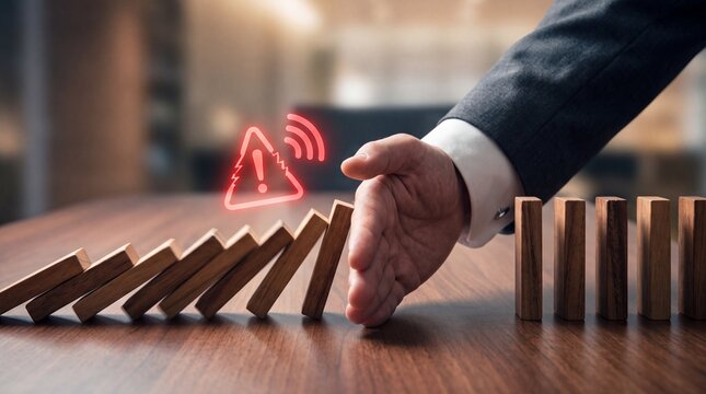 A hand halting falling dominoes, symbolizing risk management and decision-making in business environments.