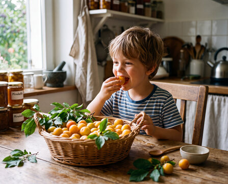petit gar&ccedil;on en train de manger une mirabelle