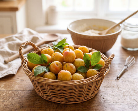 panier de mirabelles sur la table de la cuisine