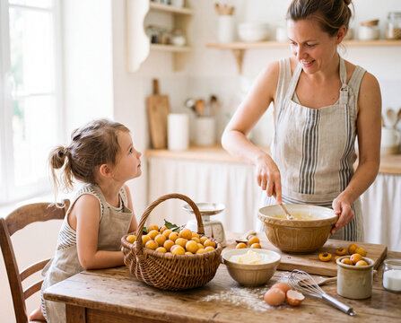 petite fille regardant  sa m&egrave;re en train de faire de la p&acirc;tisserie