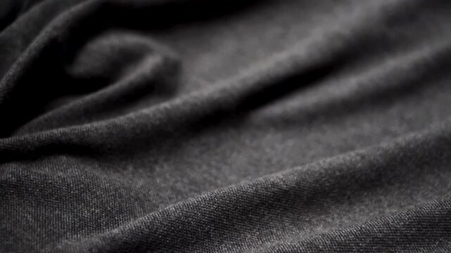 Dark grey knitted fabric close up texture featuring soft folds in minimalist style for textile background.