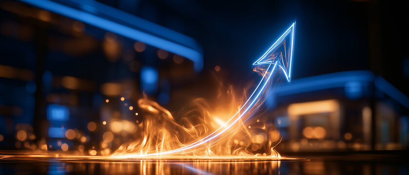Neon Arrow of Progress Ascending Through Fire: A vibrant neon arrow points upward, signifying growth and success, dramatically piercing through flames with a dark.