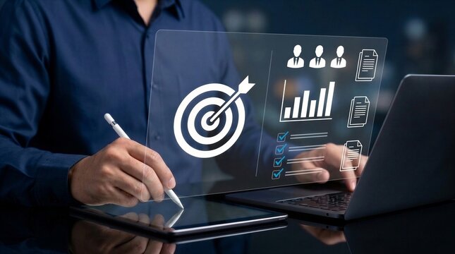 Business analyst analyzing target-driven statistics and team performance data via a digital tablet to align corporate objectives, manage digital documents, and evaluate productivity charts for optimiz