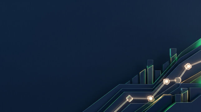 Abstract digital circuit pattern with glowing nodes against a dark blue background representing data flow
