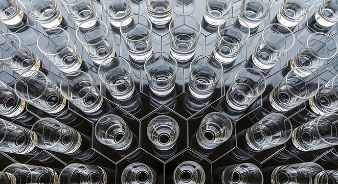 Top view of a vast collection of clear glass cylindrical vessels arranged in a precise honeycomb geometric pattern creating a repetitive visual grid