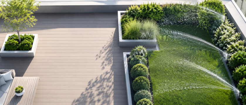 Garden terrace with lush plants and sprinklers, summer heatwave background