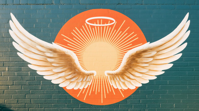 Angel Wings Emblem: A stylized emblem featuring a radiant sunburst, a halo, and a pair of spread angel wings, artfully painted on a brick wall.