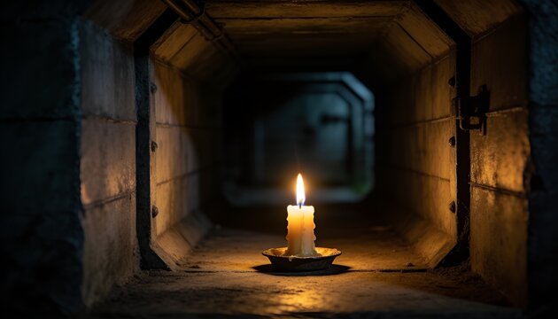 Single candle glowing inside a dark storm shelter representing emotional recovery and resilience