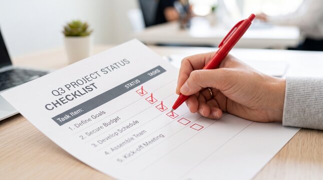 ​A close-up view of a person using a red pen to check off completed tasks on a "Q3 Project Status Checklist" document placed on an office desk.