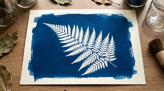 Cyanotype print of a fern leaf on textured paper with cyanotype botanical photogram chemistry