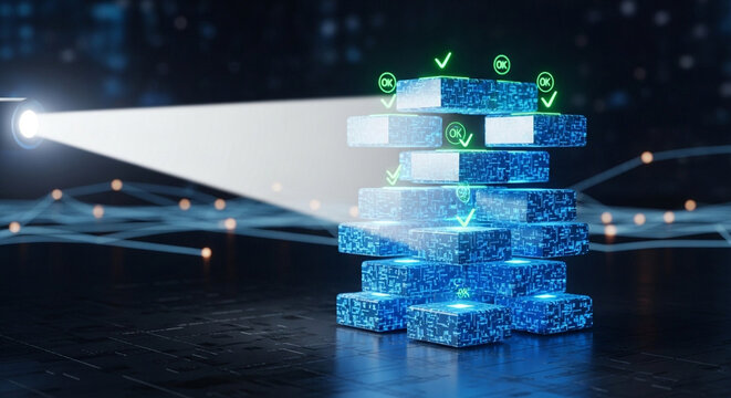 A conceptual image showing a secure data stack illuminated by a bright light beam, with validation icons indicating successful processes in a digital environment.