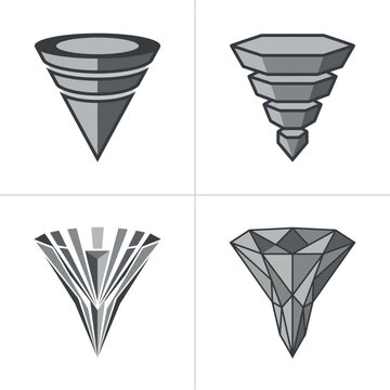 Abstract inverted pyramid and faceted cone geometric shape set.