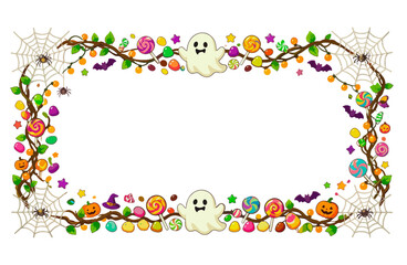 Fototapeta premium Halloween Background Frame with Spooky Ghost and Colorful Sweets
