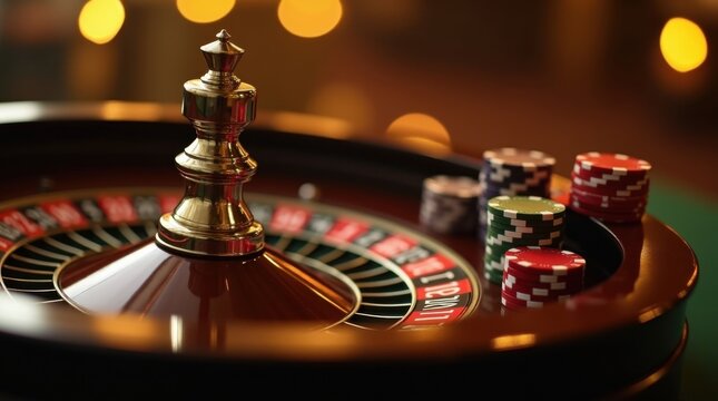 Elegante rueda de ruleta junto a fichas de p&oacute;quer cuidadosamente ordenadas, bajo una c&aacute;lida iluminaci&oacute;n dorada