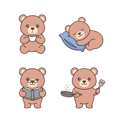 Obraz premium Cute Orange Bear Character Icon Set – Studying, Reading, Backpack School Kawaii Cartoon Vector Illustration