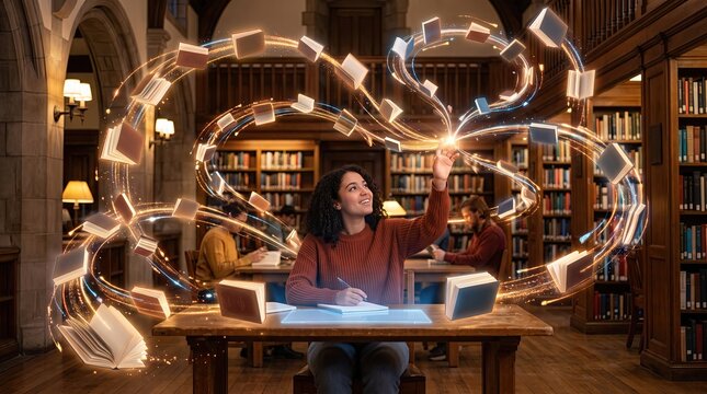 A woman explores knowledge in a library as magical books float around her, embodying the power of learning.