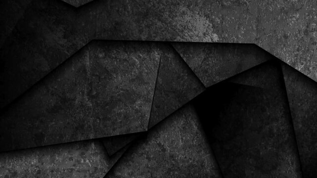 Abstract dark metal plates motion background with geometric shapes layered in cinematic industrial style.