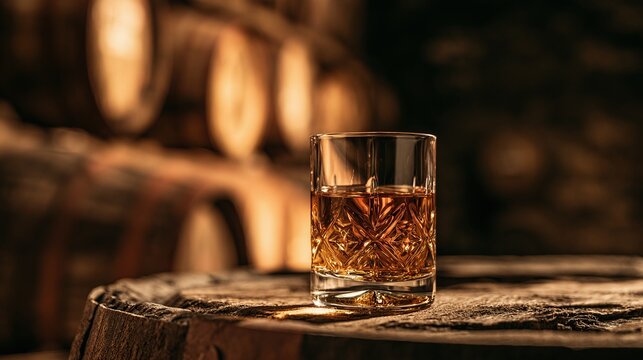 A single glass of amber liquid, possibly an aged spirit or beverage, sits atop a rustic wooden barrel, with a blurred background of more barrels in a dim, atmospheric cellar or distillery setting, evo