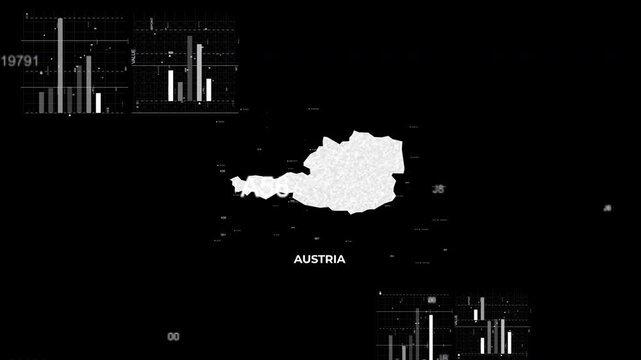 Austria map animation showcasing economy, infrastructure, technology, population, energy, trade, and national development data for presentations, films, documentaries, and motion graphics.