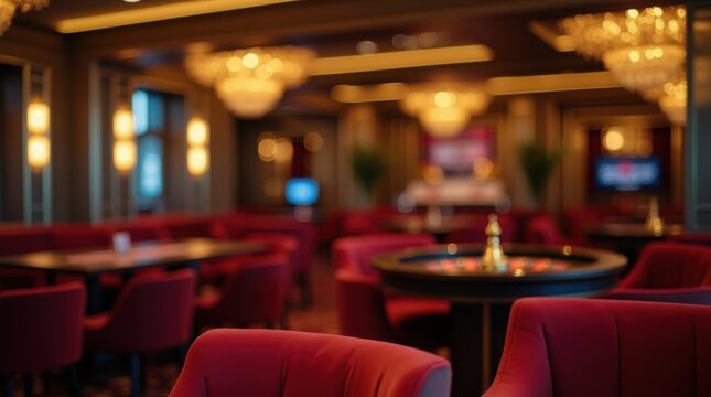 Exclusiva sala VIP de casino con asientos de terciopelo e iluminaci&oacute;n decorativa dorada