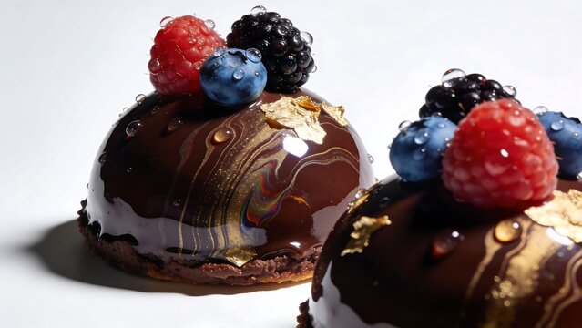 Luxury gourment chocolate mirror glaze dome cakes with fresh berries