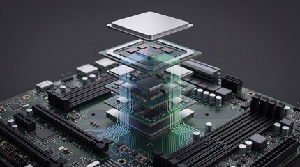 Fototapeta premium An abstract representation of a computer processor and circuit board showcasing advanced technology.