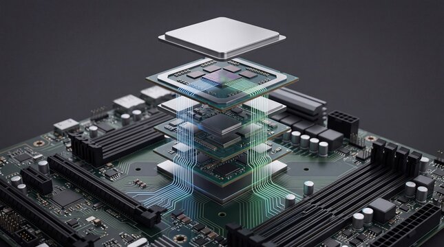 An abstract representation of a computer processor and circuit board showcasing advanced technology.