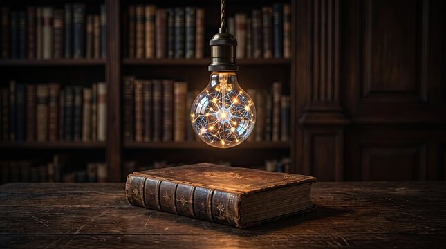 An elegant, glowing light bulb above a vintage book, set against a backdrop of dark wooden shelves filled with books.