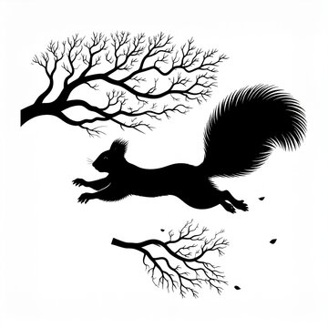 Black and white squirrel silhouette jumping between branches.