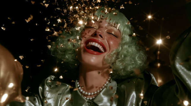 Happy Woman Celebrating with Gold Confetti and Green Hair