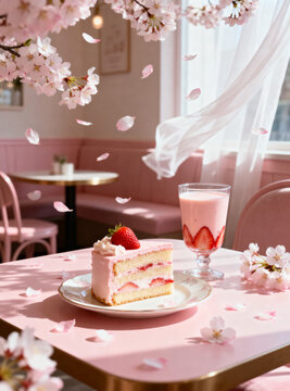 Pink Cafe Strawberry Cake and Drink