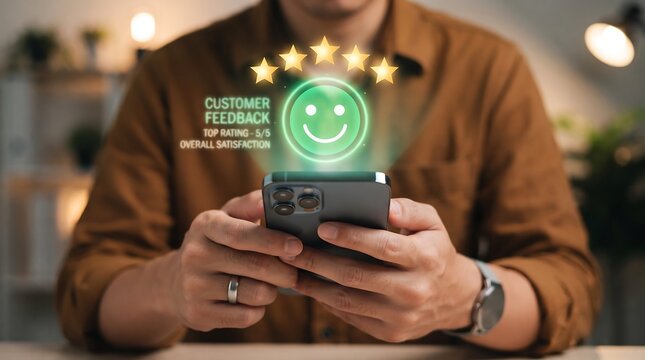 A man holding a smartphone showing a digital holographic interface with five star rating and happy face