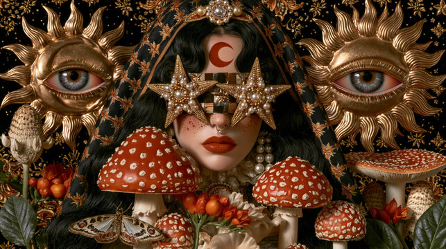 Mystical Woman with Star Glasses and Mushrooms