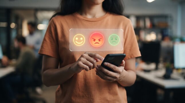 A young woman using a smartphone to interact with a digital augmented reality interface in an office setting