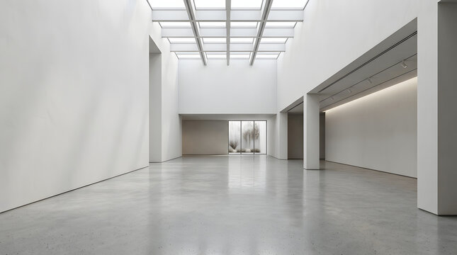 Lone small silhouette figure stands perfectly centered within an expansive minimalist art gallery exhibition space featuring smooth white walls, polished concrete flooring, and bright natural lighting