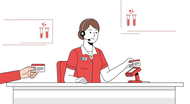 Customer service representative processing payment at a laboratory counter with test tubes