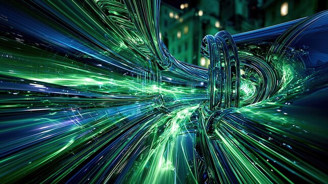 Abstract Digital Tunnel of Green and Blue Light Streaks, Futuristic Technology Concept