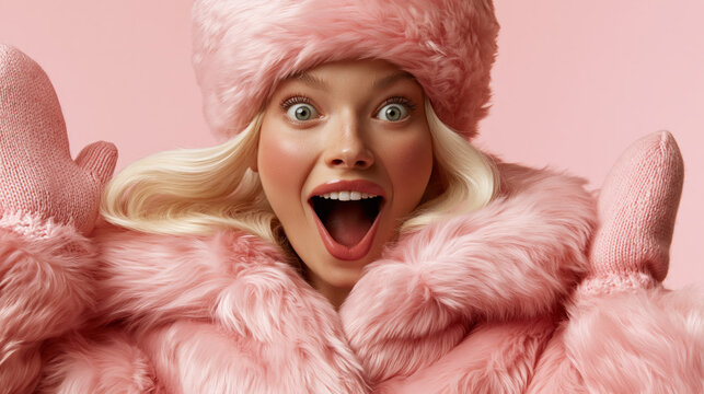 Excited Woman in Pink Winter Outfit with Mittens
