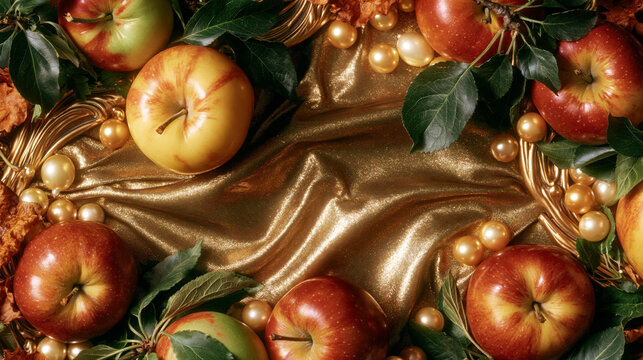 Fresh Apples with Golden Pearls on Shiny Fabric Background