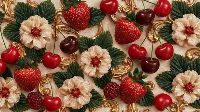 Strawberries and Cherries on Decorative Background