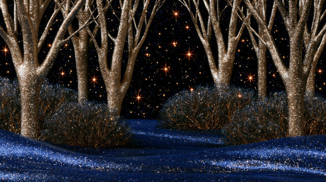 Sparkling Winter Forest with Starry Night Sky