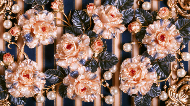 Elegant Floral Design with Roses and Pearls on Striped Background