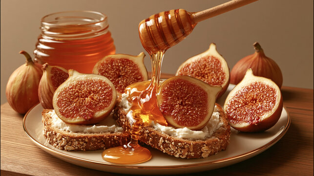 Fig and Honey Toast with Cream Cheese on Wooden Table