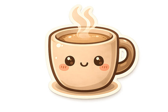 A steaming mug, die-cut sticker, faded brick, oatmeal and soft brown