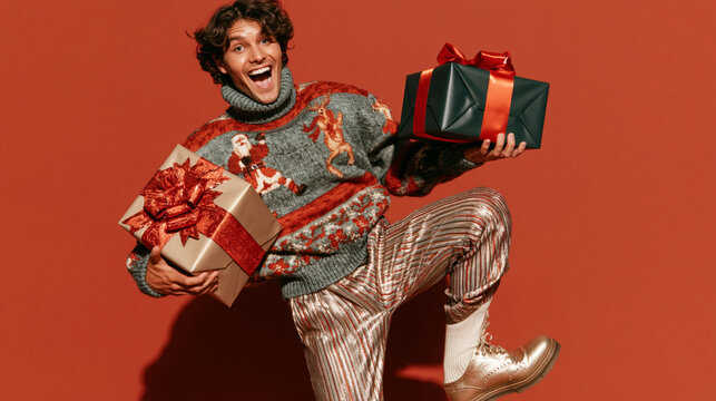 Joyful man in Christmas sweater holding gift boxes
