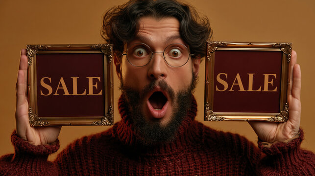 Excited Man Holding Sale Signs for Marketing Promotion