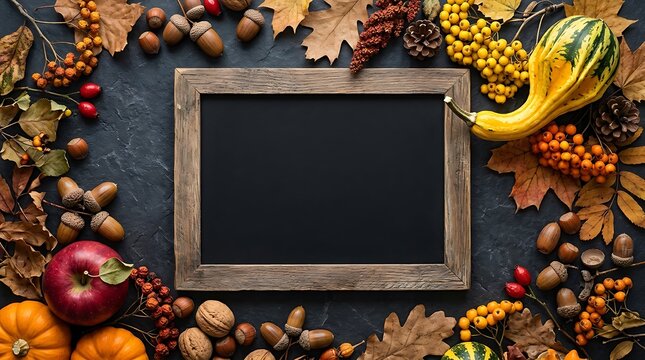 Empty wooden frame with autumn harvest decorations on dark stone background for Thanksgiving